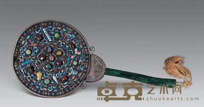 清 秋角柄银镶宝石镜 长27.5cm